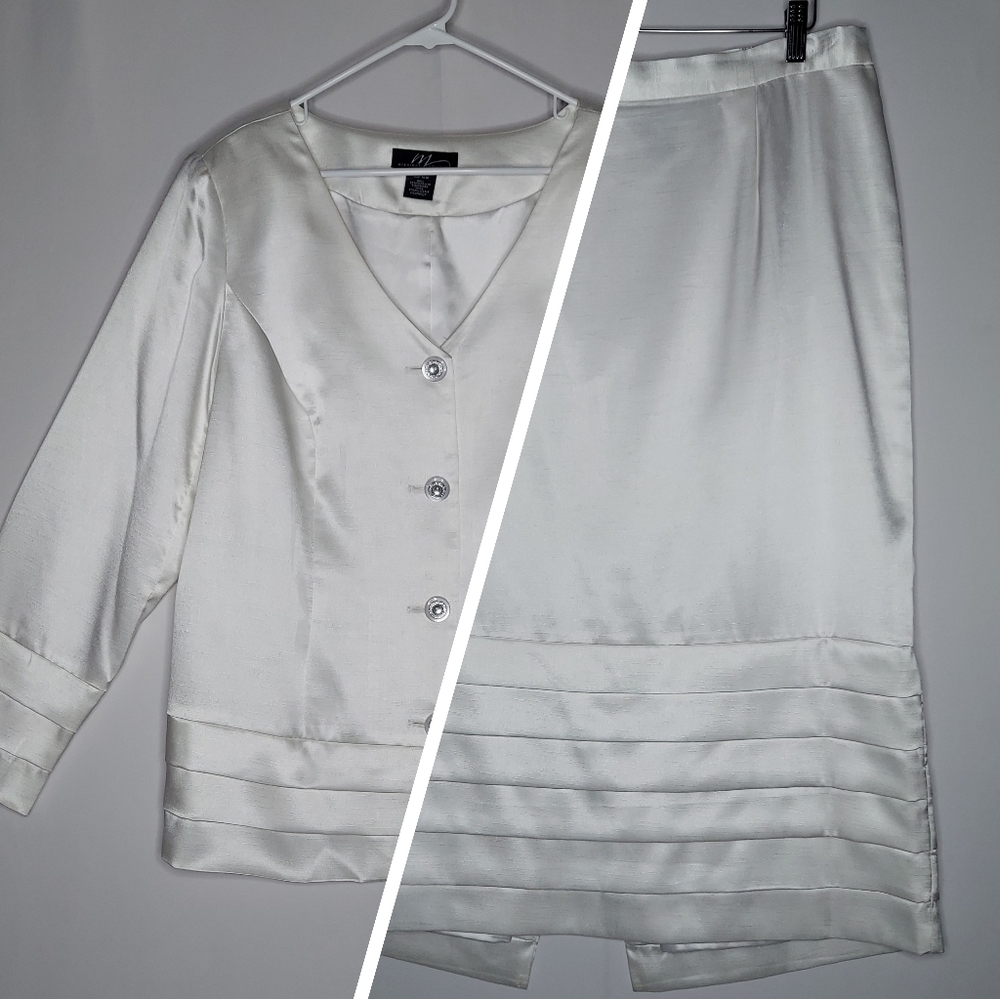 Midnight Velvet Skirt Jacket Set 18W White Satin Button V-Neck Long Sleeveโ Midi